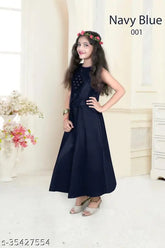 Girls navy blue poly silk sleeveless ethnic gowns for 5-11 year olds, vibrant Indian fashion